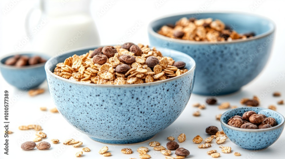 A bowl of granola with chocolate chips and a pitcher of milk on a white background. A bowl of granola with chocolate chips and a pitcher of milk on a white background.