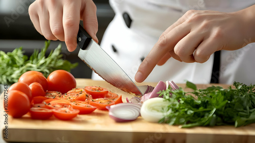 Chef Chopping Vegetables on Cutting Board