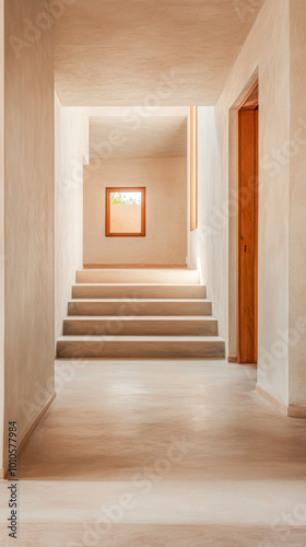 Modern interior hallway with stairs and a window in a minimalist design