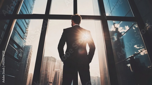 Confident CEO stands in front of modern office window, looking out with determined expression, symbolizing leadership and change.
