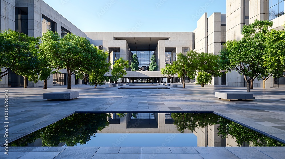 Fototapeta premium Modern Architecture Courtyard with Reflecting Pool and Trees