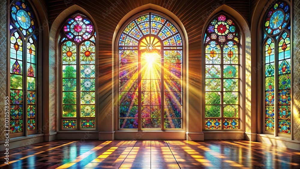 Sunlight streams through a row of stained glass windows, illuminating a spacious room with warm golden hues, casting intricate patterns on the wooden floor Sunlight streams through a row of stained glass windows, illuminating a spacious room with warm golden hues, casting intricate patterns on the wooden floor