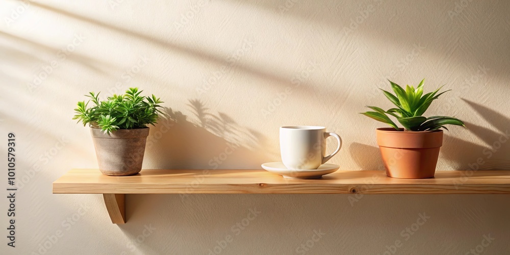 Φωτογραφία A simple wooden shelf with a cup and saucer, and two potted plants, bathed in the warm glow of sunlight streaming in from a window