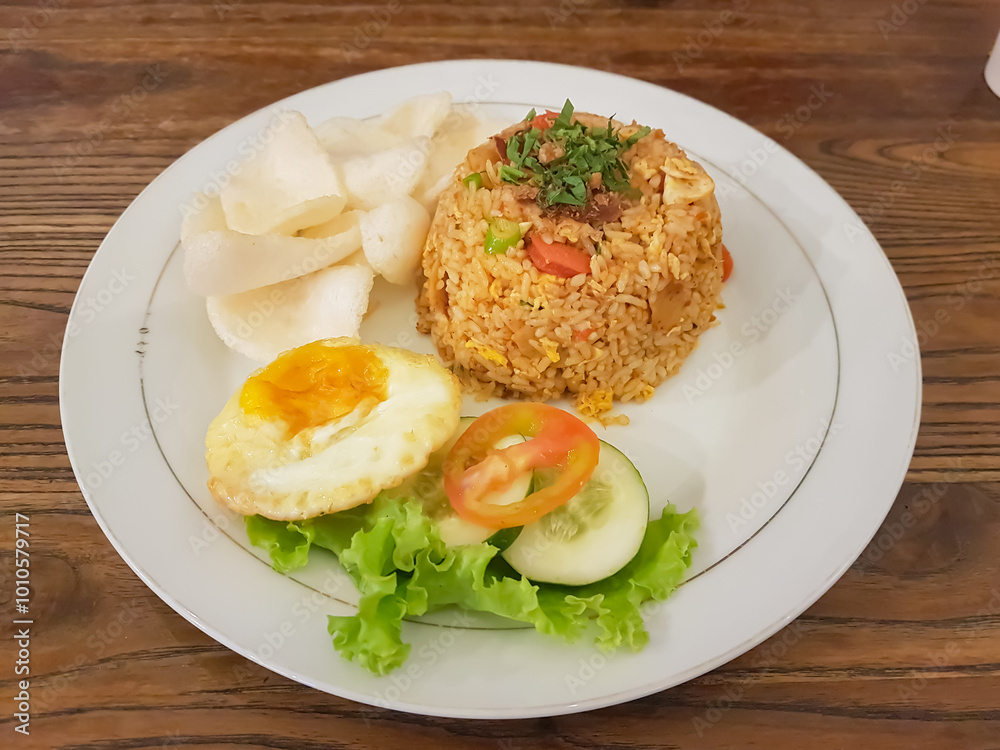 fried rice with fried egg, chips and vegetables on white plate on wooden table