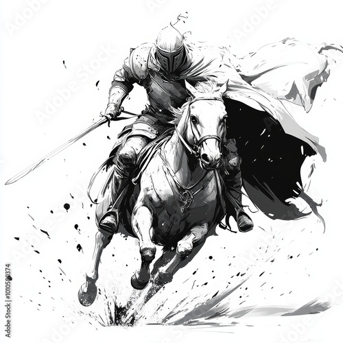 Medieval Knight on Horseback  Galloping in Black and White Illustration photo