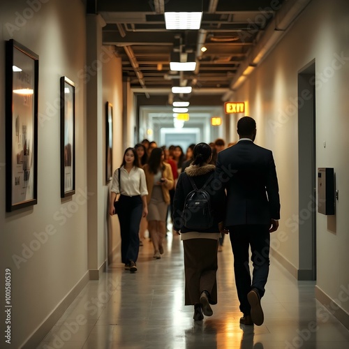 Office Fire Drill with Calm, Organized Team Evacuating Through Modern Hallway – Emergency Preparedness and Safety Concept