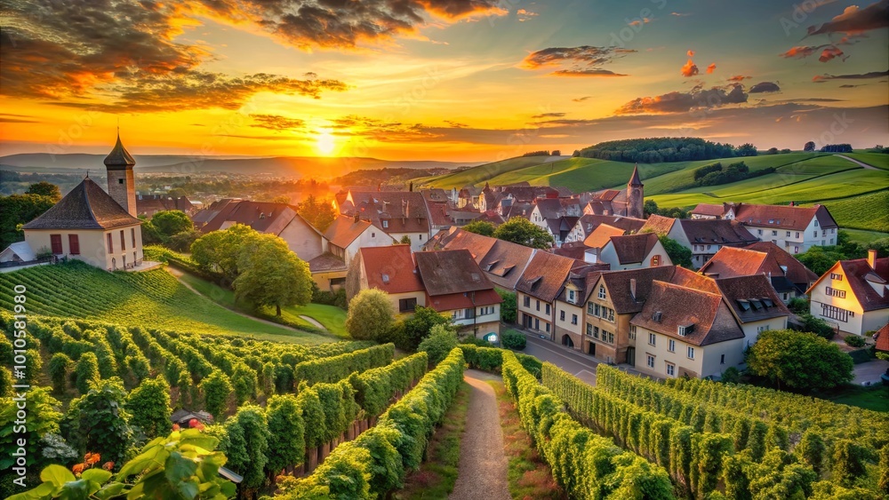Naklejka premium A picturesque village nestled amidst rolling hills and vineyards bathed in the golden glow of a setting sun, a scene of tranquility and rural charm.