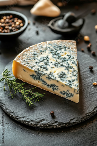 A wedge of blue cheese with visible veins of mold, placed on a slate serving board . AI generative. photo