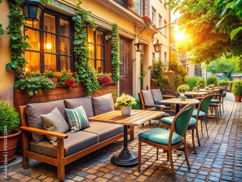 Cozy Outdoor Sitting Area at a Street Coffee Shop Perfect for Relaxing in a Serene Environment with Comfortable