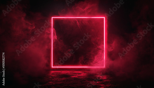 Dark background with neon red square in haze.