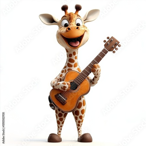 Cute Giraffe Cartoon Playing Acoustic Guitar  Musical Animal Illustration photo