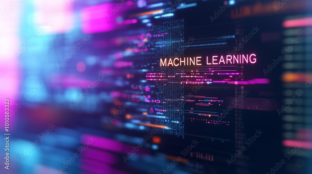 Holographic interface displaying real-time data analysis, text MACHINE LEARNING algorithms running in fluid sequences. Holographic interface displaying real-time data analysis, text MACHINE LEARNING algorithms running in fluid sequences.
