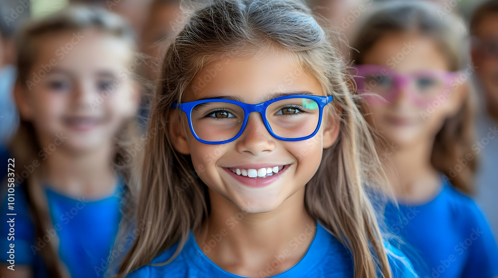Smiling Girl Wearing Blue Glasses with Friends Smiling Girl Wearing Blue Glasses with Friends