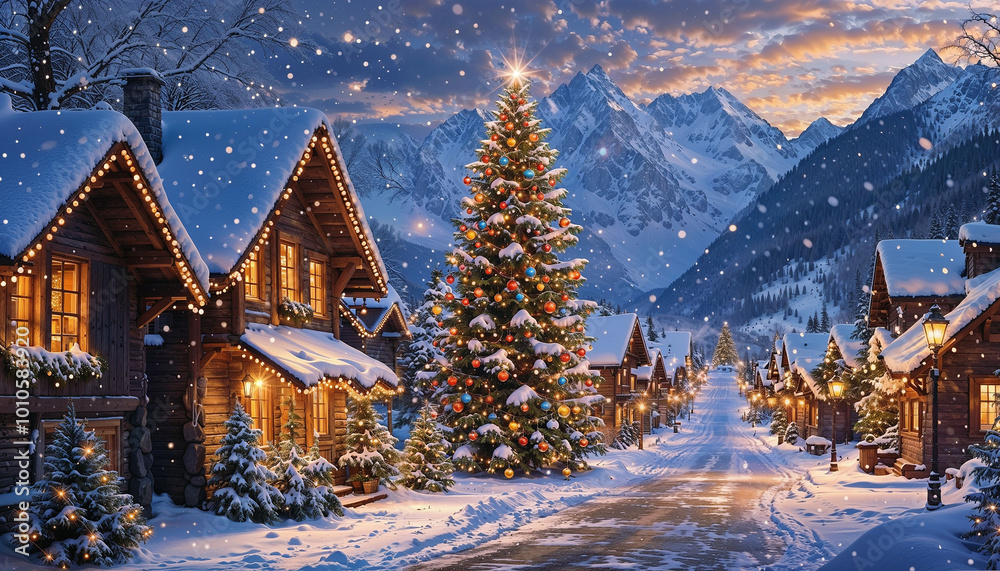 Beautiful winter landscape with fir-tree in the village. Christmas and New Year concept. Beautiful winter landscape with fir-tree in the village. Christmas and New Year concept.