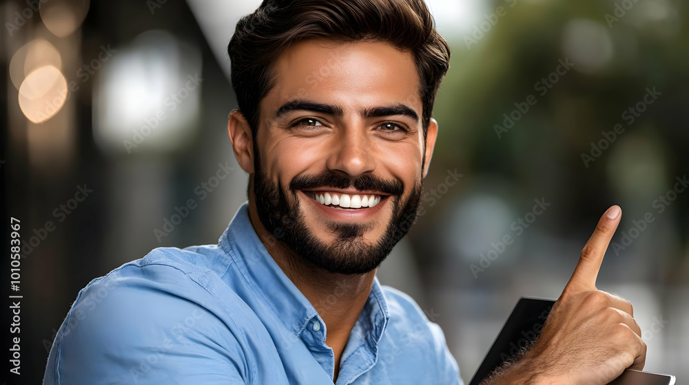 Smiling Man Pointing Up with Positive Attitude and Optimism Smiling Man Pointing Up with Positive Attitude and Optimism