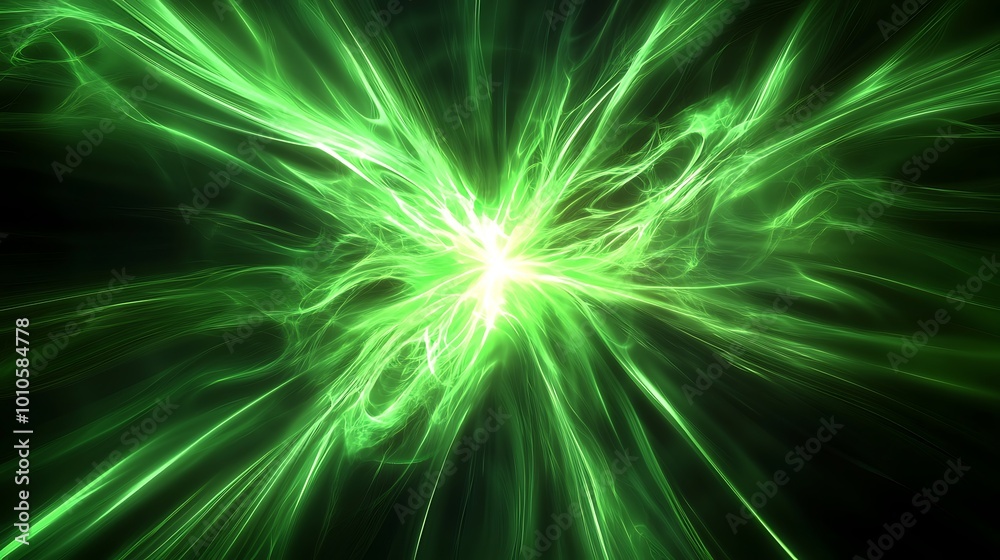 Abstract green glowing light burst on a black background. Abstract green glowing light burst on a black background.