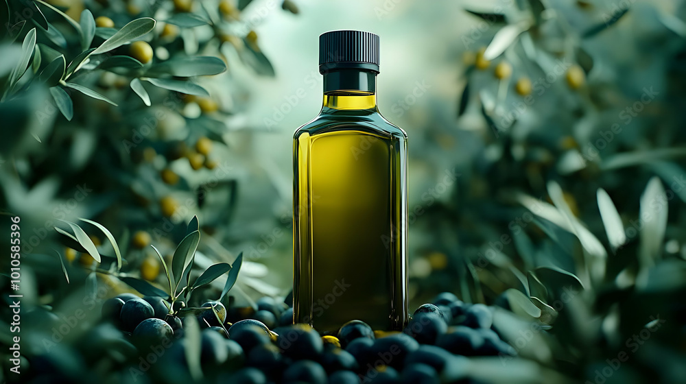 Olive Oil Bottle Surrounded by Olives and Olive Tree Leaves - Realistic Image Olive Oil Bottle Surrounded by Olives and Olive Tree Leaves - Realistic Image