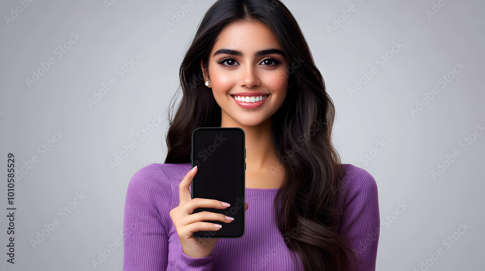 Woman Smiling Holding a Smartphone with a Blank Screen Woman Smiling Holding a Smartphone with a Blank Screen