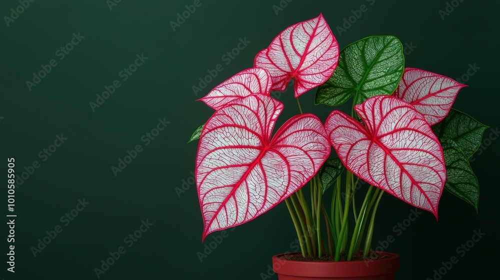 Obraz premium Pink and White Caladium Plant in Pot Against Green Background