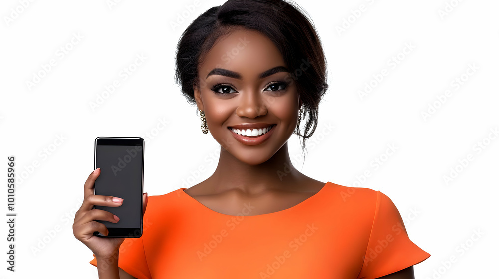Smiling Woman Holding a Smartphone with a White Background Smiling Woman Holding a Smartphone with a White Background