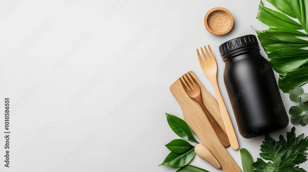Sustainable Lifestyle Flat Lay with Black Bottle Wooden Utensils and Greenery Sustainable Lifestyle Flat Lay with Black Bottle Wooden Utensils and Greenery