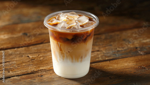 A refreshing iced coffee drink layered with milk and coffee, served in a clear cup on a rustic wooden surface.