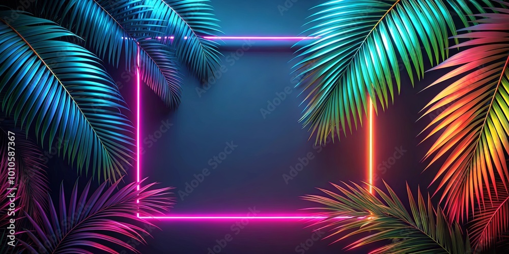 A vibrant neon glow illuminates a tropical scene, framed by palm fronds in a symphony of color and light. A vibrant neon glow illuminates a tropical scene, framed by palm fronds in a symphony of color and light.