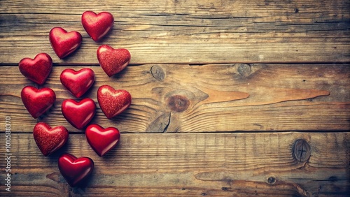 A Rustic Wooden Background Adorned with a Scattered Array of Shiny Red Hearts