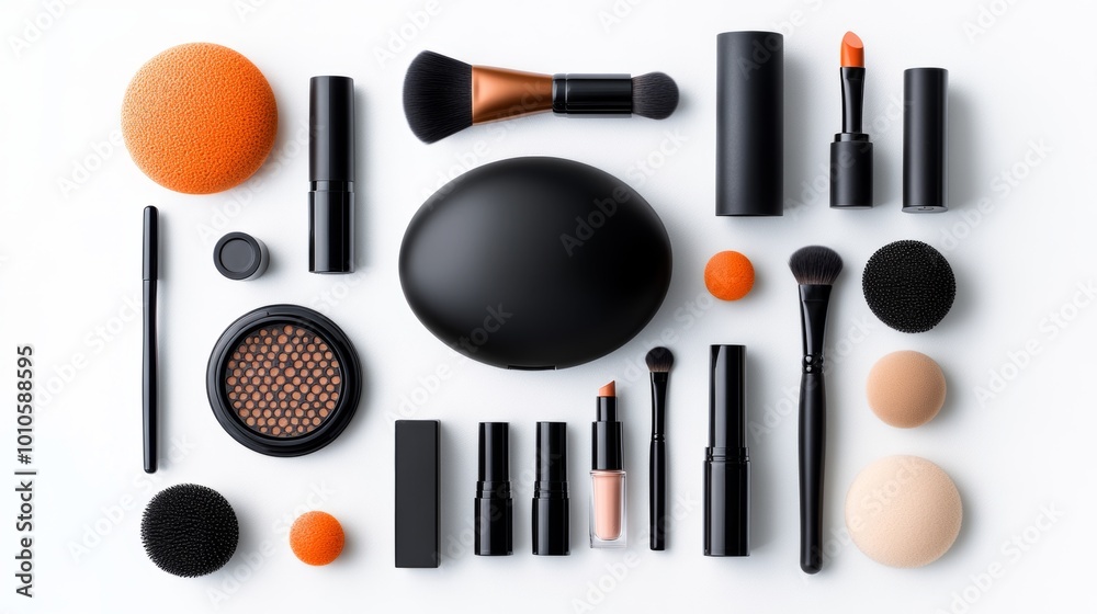 Flat Lay Beauty Makeup Products with Brushes and Sponges Flat Lay Beauty Makeup Products with Brushes and Sponges