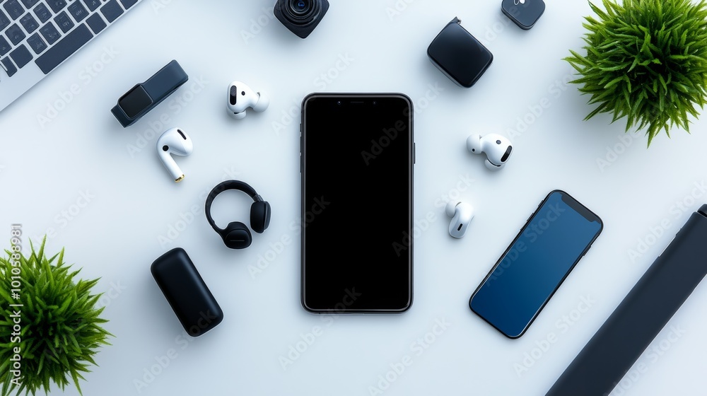 Modern Tech Gadgets and Accessories on White Desk Top View Modern Tech Gadgets and Accessories on White Desk Top View