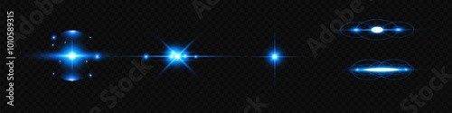 Light blue effect reflections, neon illumination in white colors. Bright light lens. Police light effects, lines. Shiny stars, glowing sparks on a black background.