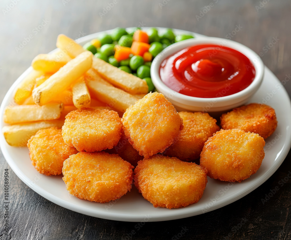  chicken nuggets and frenchfries with small white plate of ketchup and small amount of peas carrot and corn. AI generative.