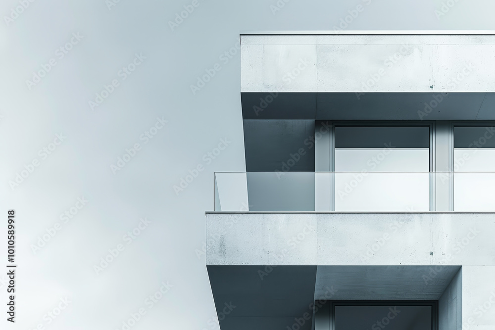 A tall building with a balcony and a glass railing A tall building with a balcony and a glass railing