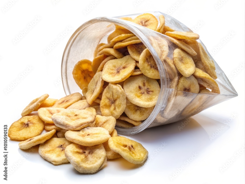 Dried Banana Slices in a Bag for Healthy Snacking and Cooking - Dehydrated Banana Chips on White Background Dried Banana Slices in a Bag for Healthy Snacking and Cooking - Dehydrated Banana Chips on White Background