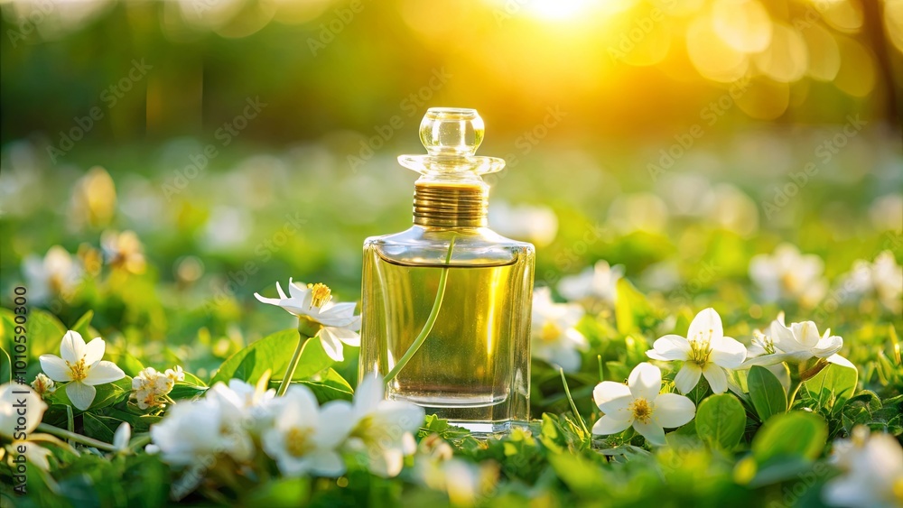A golden-capped bottle of perfume rests amidst a field of delicate white blossoms, bathed in the warm glow of the setting sun. A golden-capped bottle of perfume rests amidst a field of delicate white blossoms, bathed in the warm glow of the setting sun.