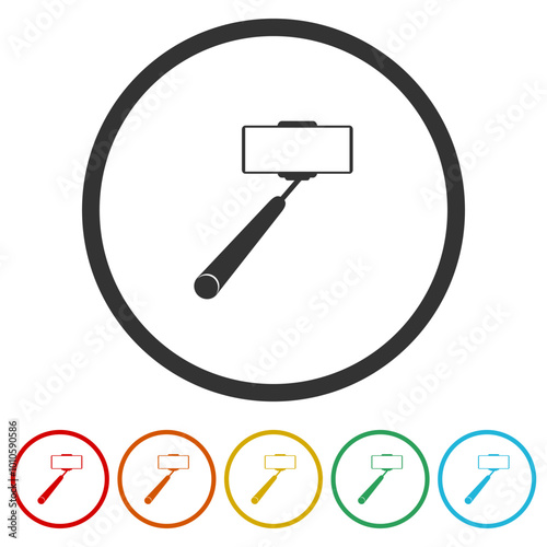 Selfie stick icon. Set icons in color circle buttons