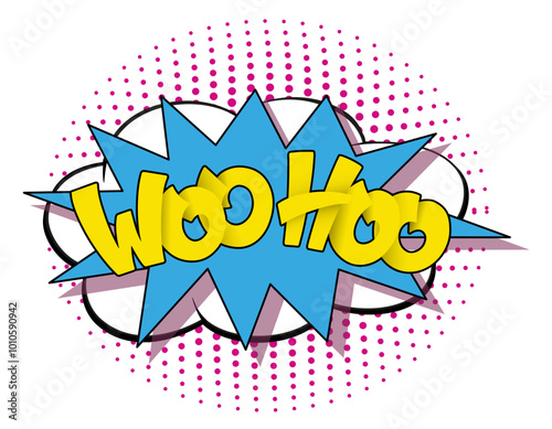 Comic lettering woo hoo. Vector bright cartoon illustration in retro pop art style. Comic text sound effects. EPS 10.
