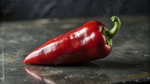 A single, red pepper on a dark countertop.