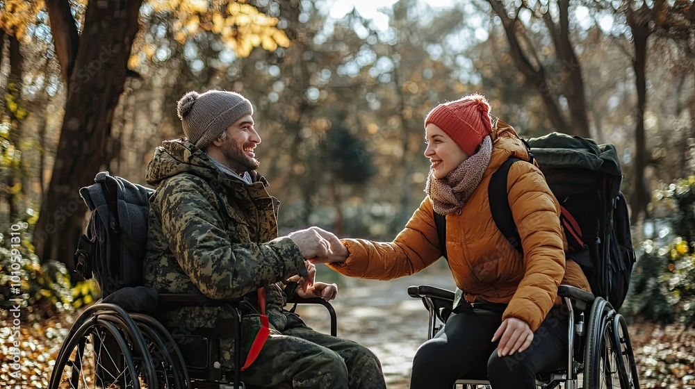 Couple in Wheelchairs Enjoying Autumn Outdoors