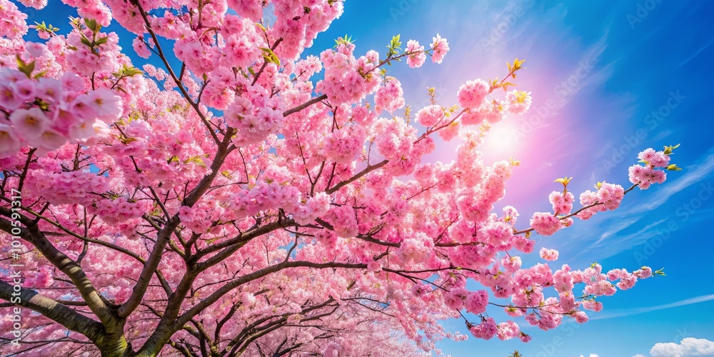 Φωτογραφία A canopy of delicate pink blossoms reaching towards the sun, a symphony of color against a backdrop of blue sky and fluffy clouds