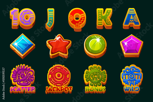 Set of 12 slot symbols Mayan or Aztec theme. Ui element for your gambling. Style Icons for 2D Games and Casino or Slots. Graphic elements for the development of slot machines