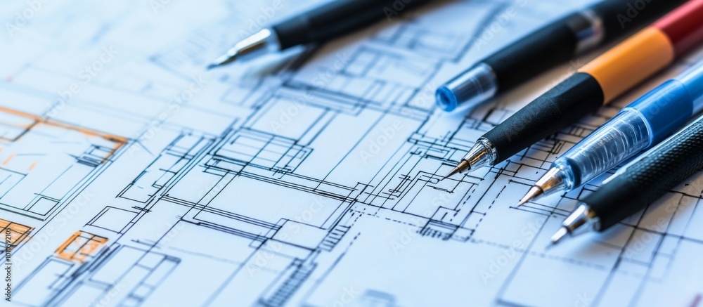 Blueprint design with drawing pens showcasing architectural plans and precise lines, ideal for engineering and design projects. Blueprint design with drawing pens showcasing architectural plans and precise lines, ideal for engineering and design projects.