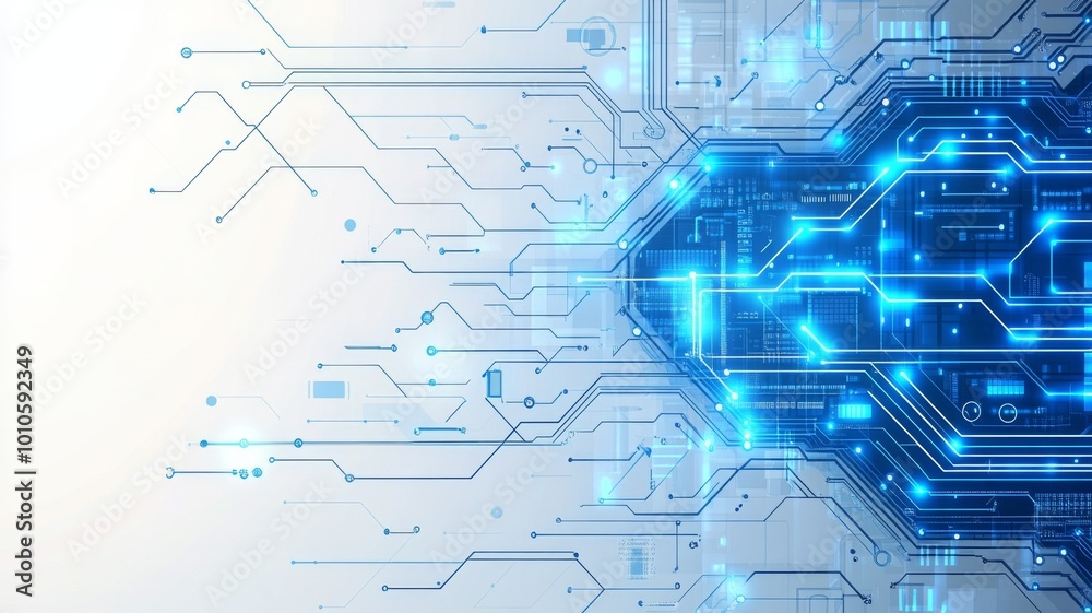 Obraz premium A futuristic digital circuit board design with glowing blue elements, showcasing technology and innovation in a sleek, modern aesthetic.
