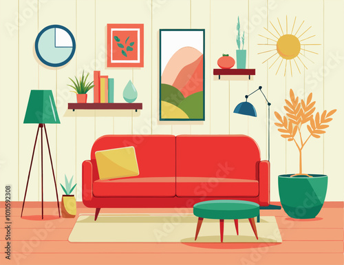 Living Room Interior Design with Sofa, Lamps, and Plants