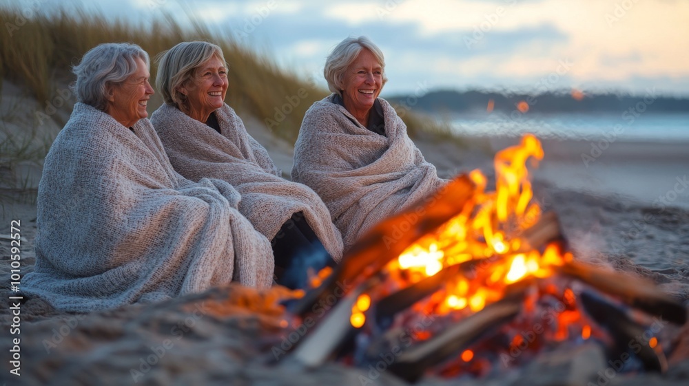 Fototapeta premium Three women wrapped in blankets sit by a beach bonfire, enjoying the warmth and evening atmosphere as the sun sets over the ocean.