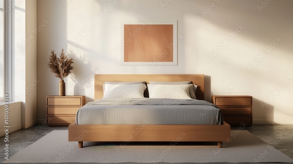 Fototapeta premium Minimalist Bedroom Interior Design with Wooden Platform Bed Natural Light and Neutral Col