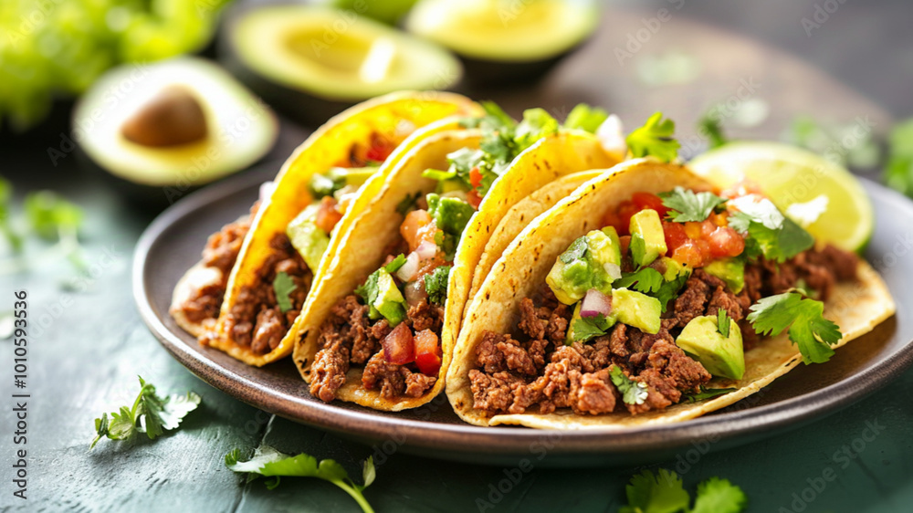 A photo of Beef tacos with avocado salsa on a plate. A photo of Beef tacos with avocado salsa on a plate.