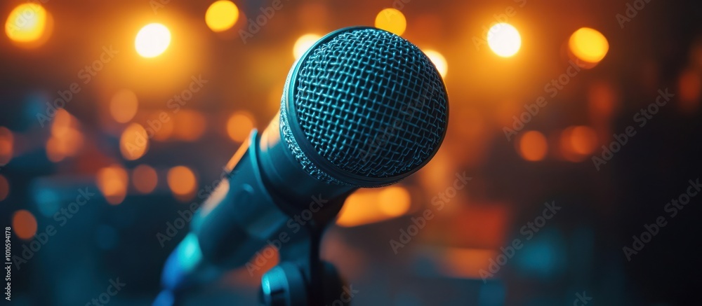 Close-up of a microphone on a stand with blurred stage lights in the background. Close-up of a microphone on a stand with blurred stage lights in the background.
