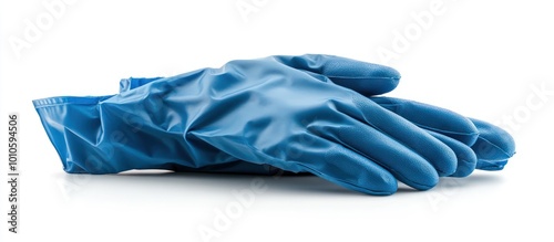 Pair of blue rubber gloves laying flat on white background.