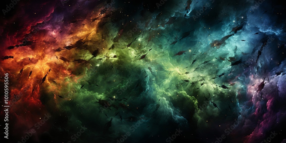 Fototapeta premium Cosmic Symphony of Nebulas A celestial tapestry woven with vibrant hues, ethereal wisps of gas, and a scattering of distant stars.